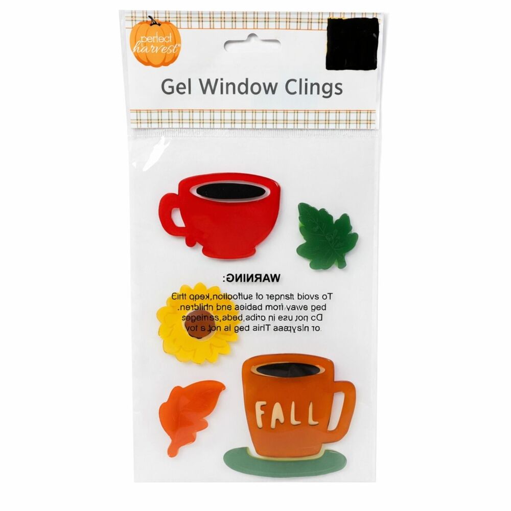 Harvest Thanksgiving Fall Gel Wall Window Clings Mug Cup Flower Leaves Coffee